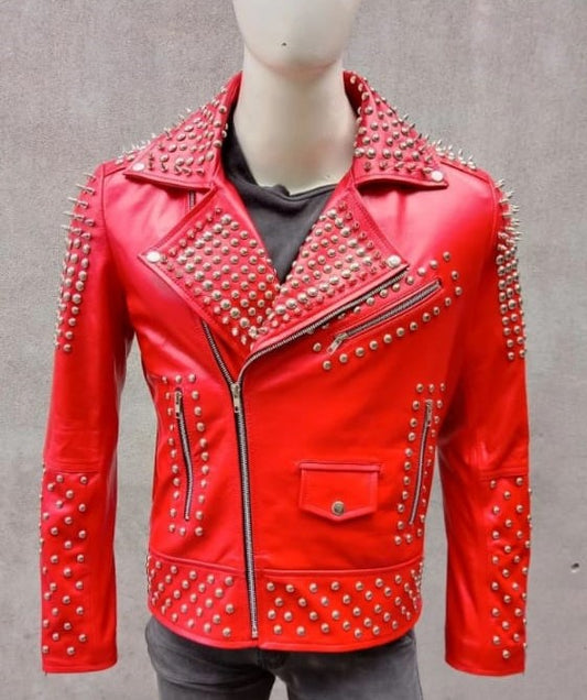 Leather motor biker jacket with silver studs