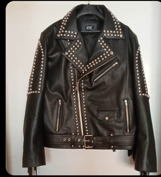 Leather motor biker jacket with silver studs
